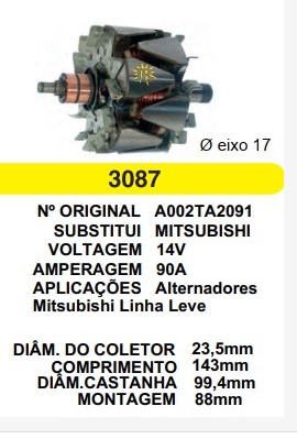 33085/3087 ROTOR MITSUBISHI ALT. LINHA LEVE 75A 14V C143 D99.4 C/V