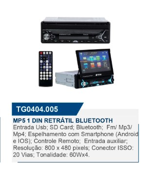 404005 MULTMIDIA TIGER MP5 RETRATIL C/BLUETOOTH ESP. IOS/ANDROID CONT.REMOTO