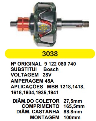 3038 ROTOR BOSCH MB 1218/1418/1618/1934/1935/1941 24V 45A C165.5 D88.8 S/V
