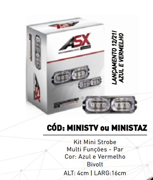 ASX6084 KIT MINI STROBE RETANGULAR VERMELHO (PAR) 12/24V ASX122