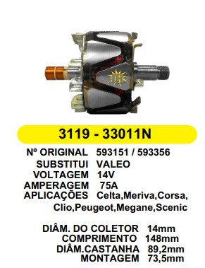3119 ROTOR VALEO CELTA/CORSA/PEUGEOT/RENAULT 14V 75A C148 D89.2 C/V