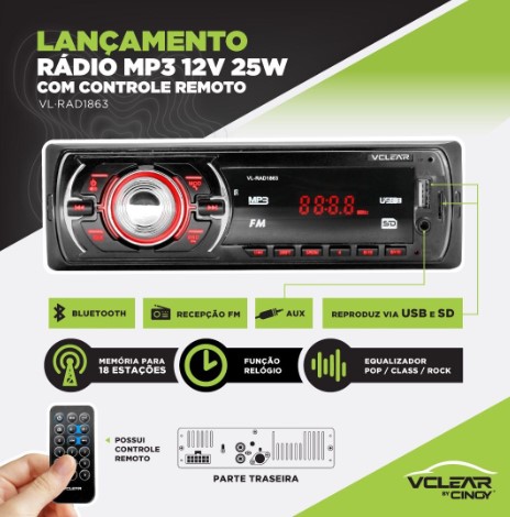 VLRAD1863 RADIO VCLEAR FM/MP3 4 SAIDAS 4X25W BLUETOOTH C/CONTROLE 