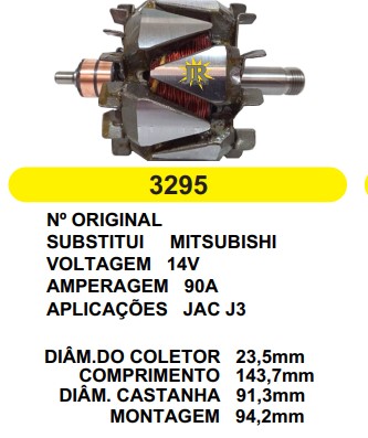 3295 ROTOR MITSUBISHI JAC J3 14V 90A C143.7 D91.3 C/V