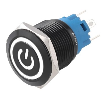 11674 BOTAO ON-OFF 19MM SIMBOLO POWER LED BRANCO 12/24V PRETO