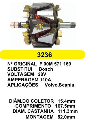 3236 ROTOR BOSCH VOLVO/SCANIA 24V C167.5 D111.3 150A C/V 