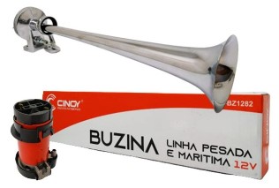 YNBZ1282 BUZINA A AR MARITIMA LONGA C/COMPRESSOR 12V CROMADA CINOY
